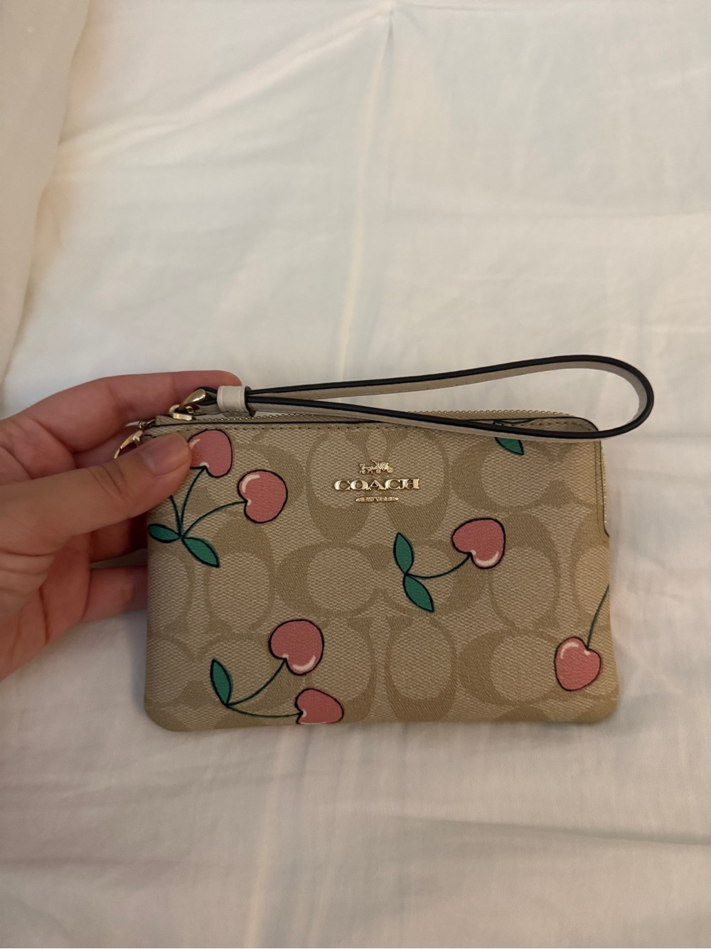 Coach Signature Wristlet with Pink Cherry Print